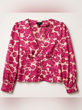 J.Crew Pink Floral Satin Blouse V Neck Button Detail Long Sleeve Top Size 10